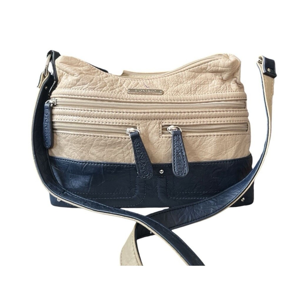 Stone & Co Beige Blue Crinkled Leather Shoulder Purse 10 x 8 x 3-1/4" READ